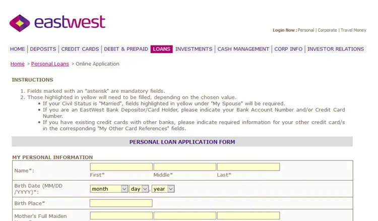 Apply Eastwest Bank Loan
