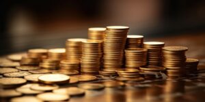 A stack of coins with a financial chart behind