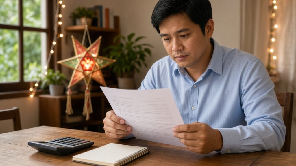 Filipino office worker reviewing a payslip and planning a holiday budget at home