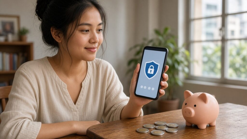 Filipina using a secure mobile banking app beside a piggy bank
