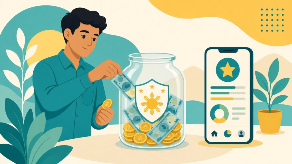 Illustration of a person saving pesos in an emergency fund jar