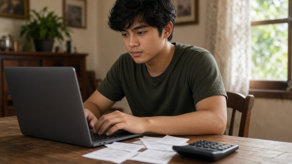 Filipino freelancer computing taxes on a laptop