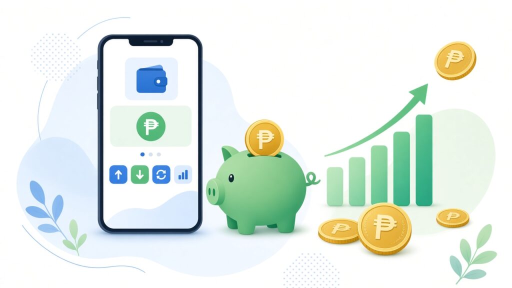 Illustration of a phone savings app with a piggy bank and peso coins