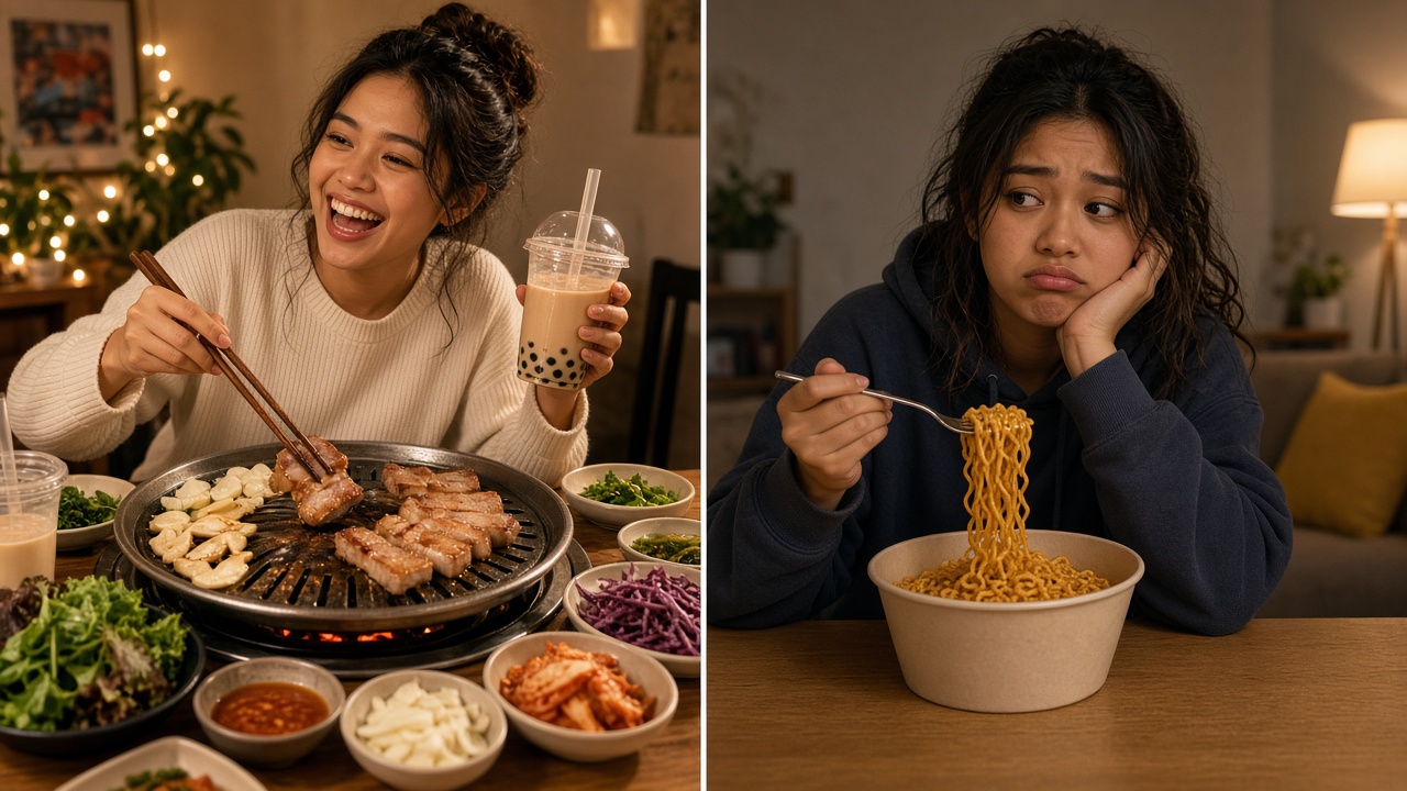 Babaeng masayang nag-samgyup at milk tea sa sahod, tapos pancit canton sa bahay