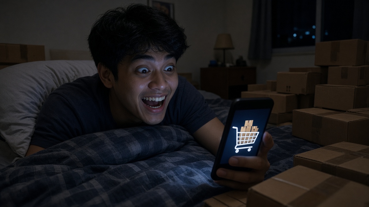 Lalaking gising pa ng 2 AM na puno ang online shopping cart, may mga parcel sa paligid