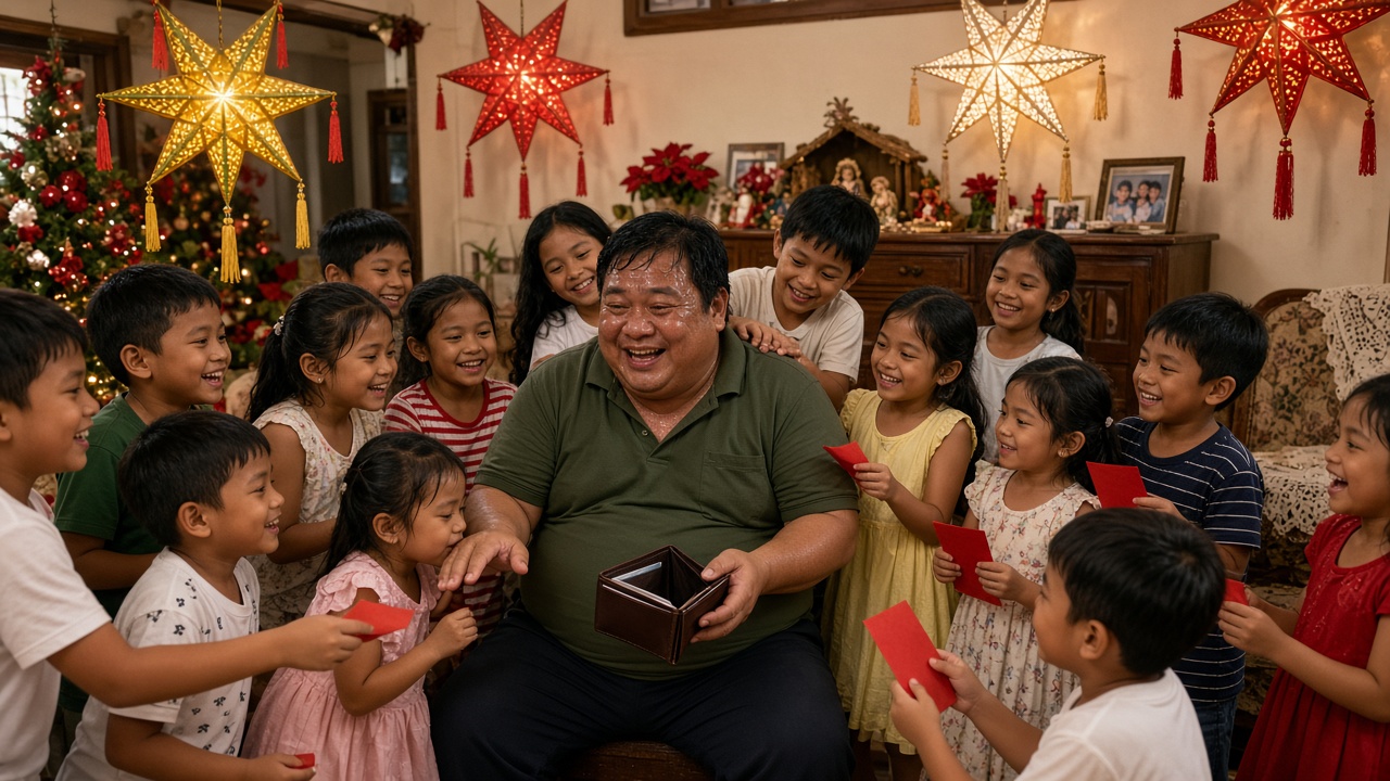 Ninong na napapaligiran ng maraming inaanak tuwing Pasko, may mga parol