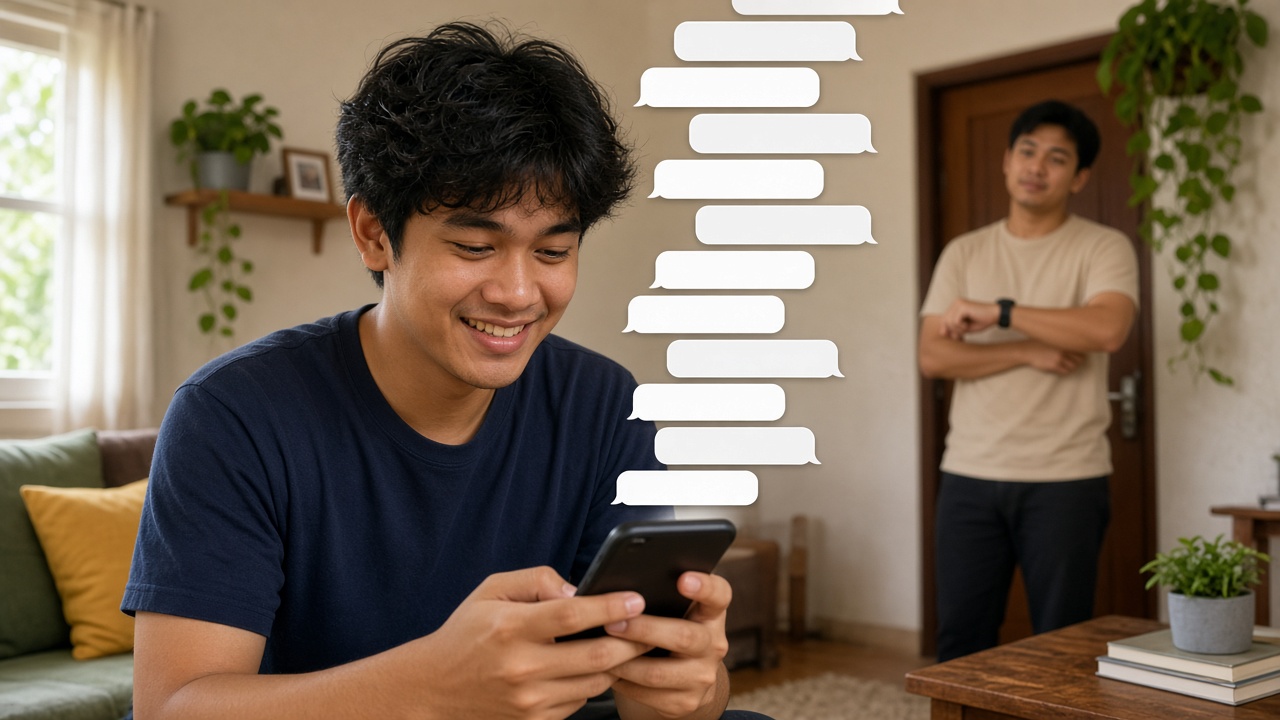 Lalaking nakangiting nagte-text ng walang katapusang chat habang naghihintay ang kaibigan