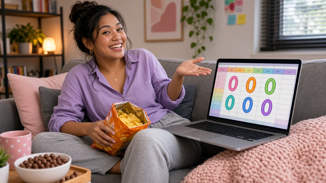 Babaeng nasa sofa na may snacks, laptop na may savings spreadsheet na puro zero