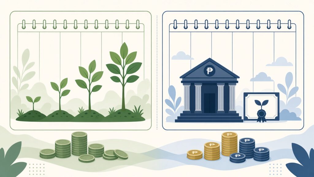 Illustration comparing a five-year MP2 savings plan with a bank time deposit