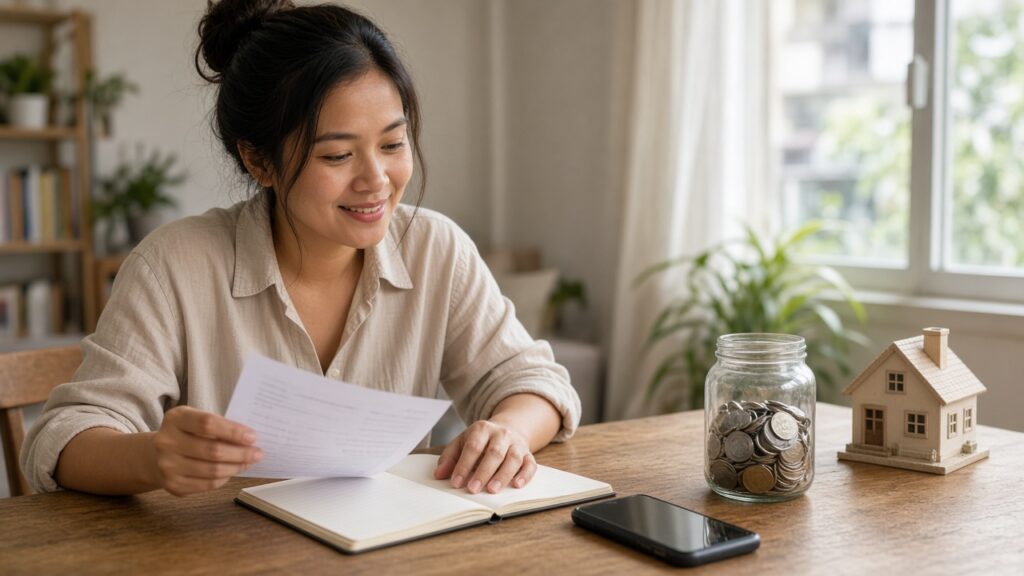 Filipino worker reviewing her payslip at home beside a coin jar and a small model house