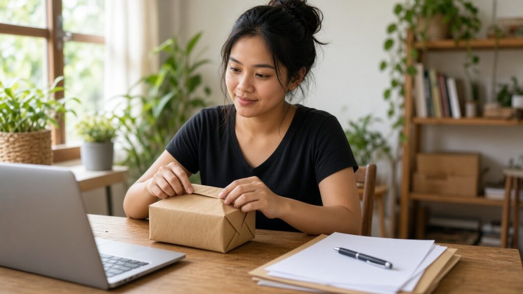 Filipina online seller packing a parcel beside a laptop and paperwork at home