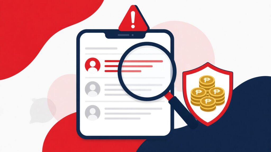 Illustration of a phone with a scam warning and a shield protecting peso coins