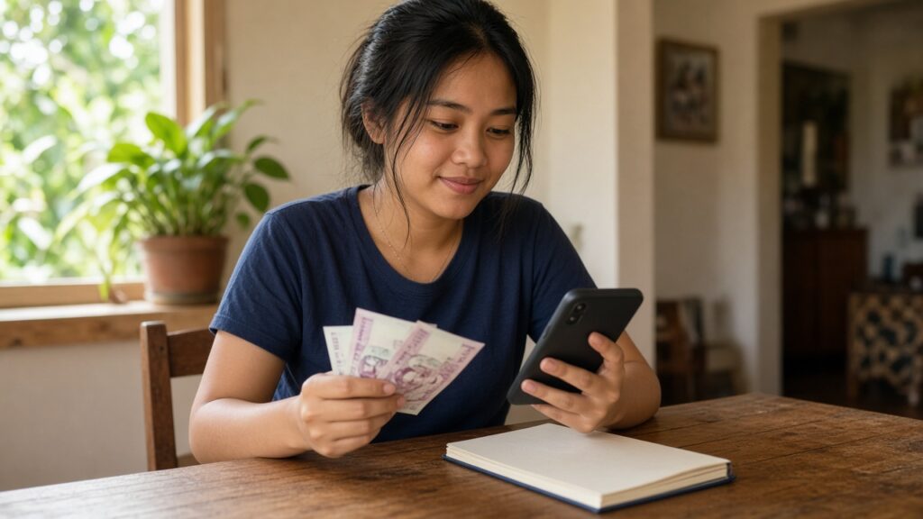 Filipino woman checking her smartphone while holding peso bills at a wooden table