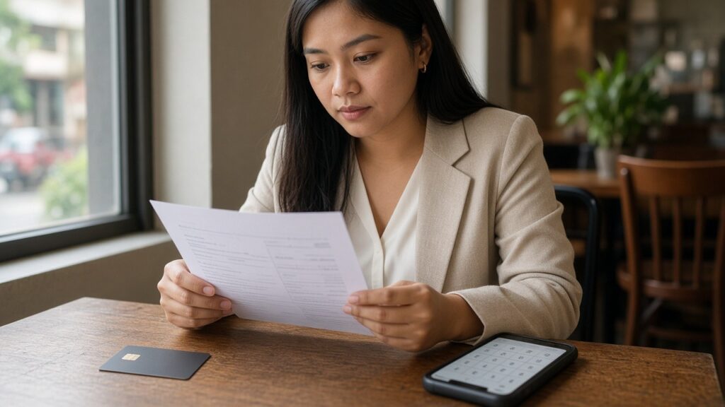 Filipina reviewing a credit card billing statement at a cafe